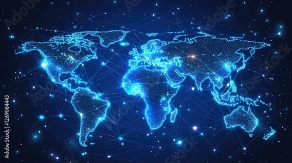 Fototapeta A glowing global trade network map with bright connections between major ports, futuristic and detailed 