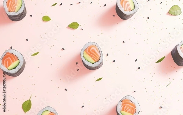 Fototapeta Sushi rolls with avocado and salmon on a pastel background