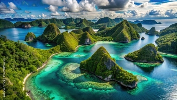 Fototapeta Raja Ampat's Wayag Island: a summer holiday postcard, with dramatic limestone karsts.