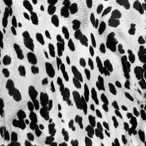 Fototapeta Close-up of black spots on white Dalmatian fur pattern. Animal print for fabric textile, wallpaper, background, cover design. 