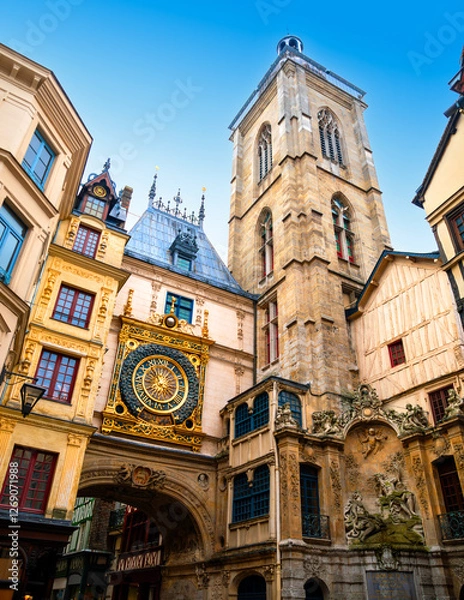 Obraz The Gros-Horloge, Great-Clock is a fourteenth-century astronomical clock in Rouen, Normandy, France