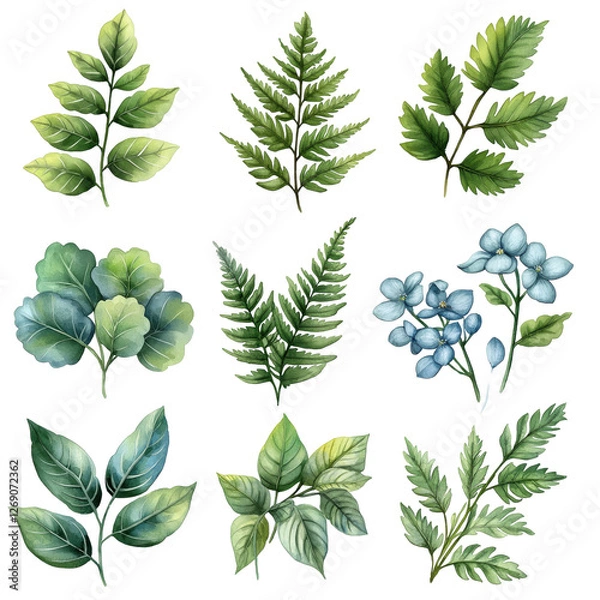 Fototapeta A set of watercolor drawings of various types of leaves and flowers