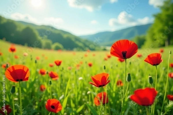 Fototapeta Red poppy flowers scattered across a lush green summer meadow , summer meadow, flora