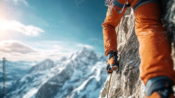 Fototapeta a daring rock climber gripping the edge of a steep cliff, with sweat glistening on their skin and a panoramic view