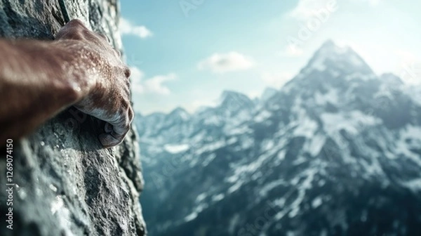 Fototapeta a daring rock climber gripping the edge of a steep cliff, with sweat glistening on their skin and a panoramic view