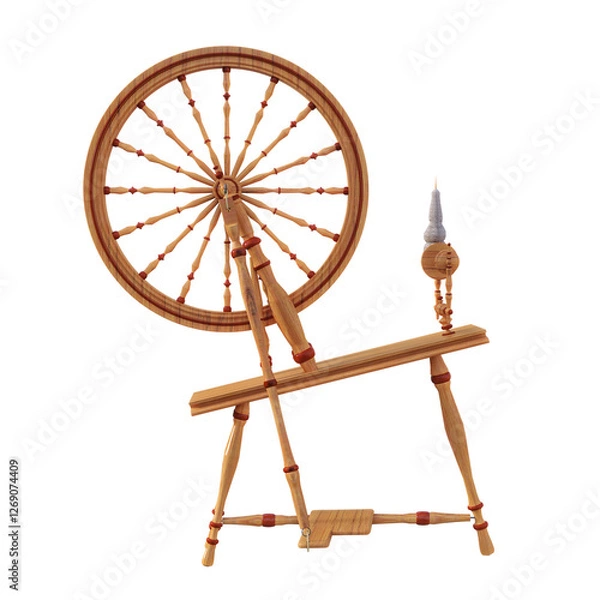 Obraz A light wooden spinning wheel, with a spindle with white yarn. 3D illustration on transparent background. 