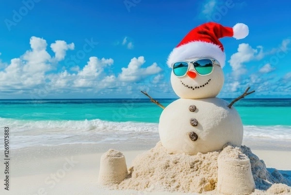 Fototapeta Fun and Playful Beach Scene Featuring a Sand Snowman Wearing Sunglasses and a Santa Hat Against a Beautiful Tropical Ocean Background
