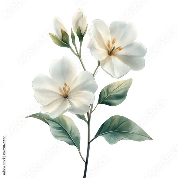 Fototapeta A white flower with green leaves is the main focus of the image