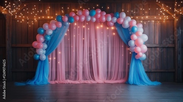 Fototapeta A dance floor with numerous balloons arranged in the shape of an arch. In front of it, a curtain made from pink and blue tulle