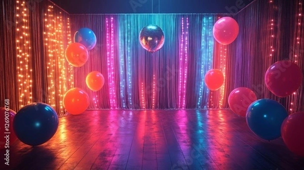Fototapeta The venue is adorned with balloons and disco balls creating a nostalgic atmosphere of an adult theme