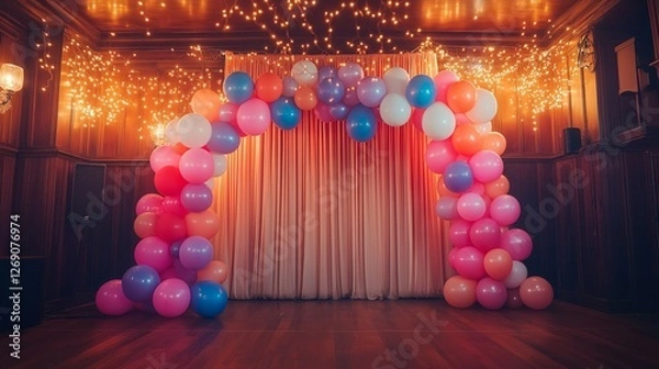 Fototapeta A dance floor with balloons and lights in the background, decorated for an elegant party. 