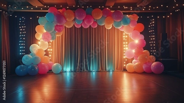 Fototapeta The venue is adorned with balloons and disco balls creating a nostalgic atmosphere of an adult theme