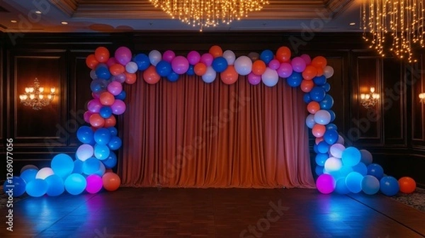 Fototapeta The venue is adorned with balloons and disco balls creating a nostalgic atmosphere of an adult theme