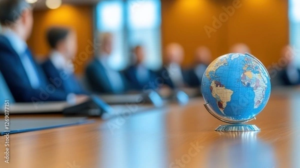 Fototapeta A business meeting in a modern conference room, featuring a globe on the table, symbolizing global discussions and international collaboration.