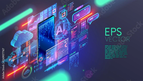 Fototapeta Mobile technology isometric concept. Phone communication with internet services all over world. AI, big data, cloud computing, neural networks in smartphone. Phone app development. Digital technology