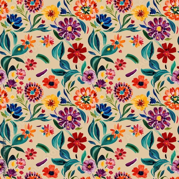 Obraz Bright colorful floral seamless pattern. Vivid colors, naive  child surface design