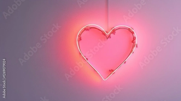 Fototapeta Romantic Valentines neon heart banner with delicate sparkles, soft pink background, glowing red hearts, elegant simplicity
