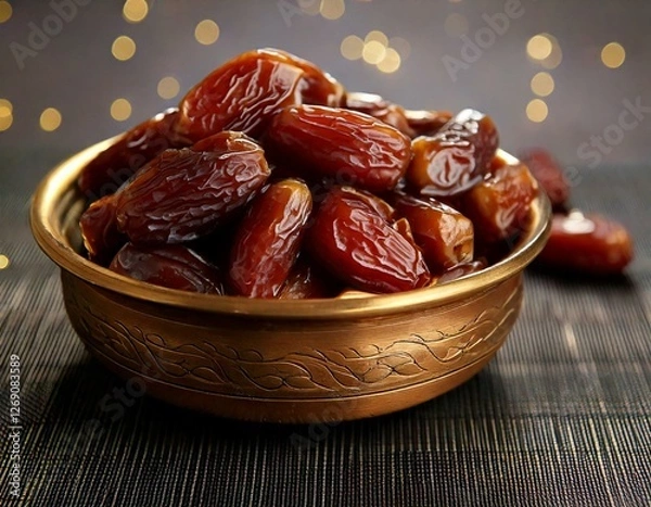 Obraz Delicious and Healthy Dates in a Wooden Dish, Perfect for Fasting and Energy Boost