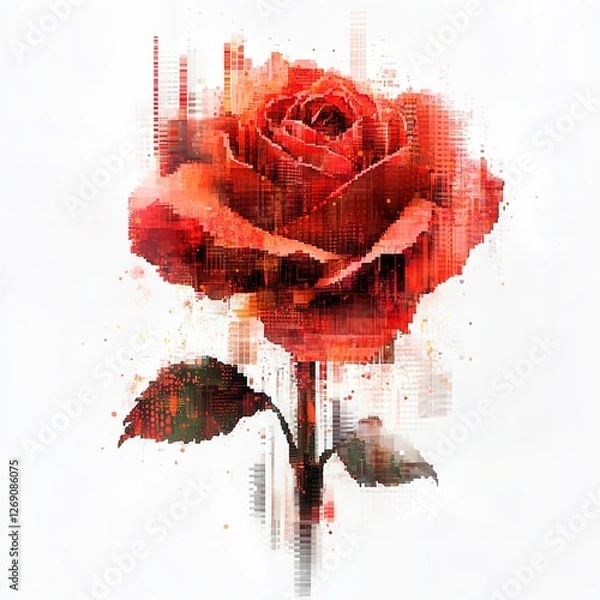Fototapeta "Digitally Altered Red Rose with Glitch Effects - A Fusion of Traditional Painting and Modern Digital Art