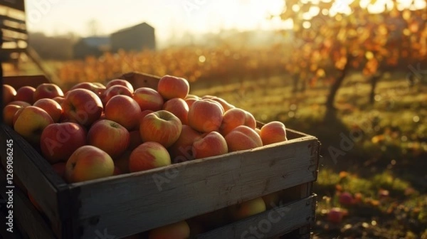 Obraz Freshly Harvested Apples in Wooden Crate at Sunset in Orchard