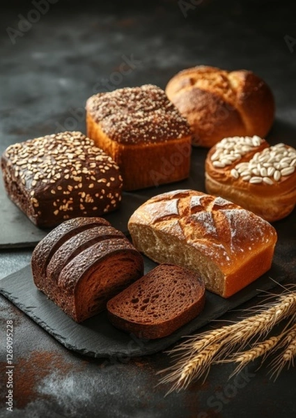 Obraz Various types of artisanal bread displayed on dark stone surface with wheat stalks nearby