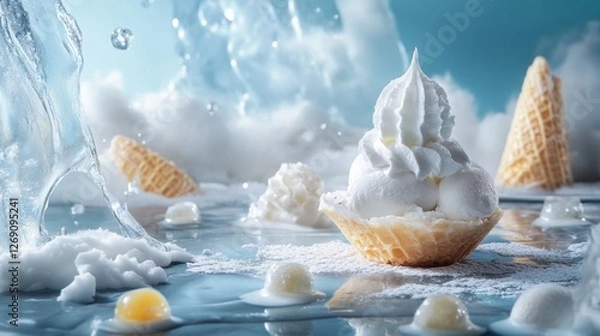 Fototapeta Ice cream scoops with cones and splashes of milk