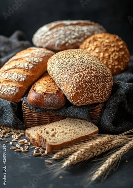Obraz Freshly baked artisanal bread assortment displayed on a rustic cloth with grains and seeds nearby