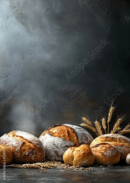 Obraz Freshly baked loaves of artisanal bread on a dark table surrounded by wheat