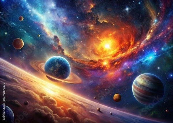 Fototapeta Panoramic Abstract Space Background: Cosmic Planet Nebula Galaxy Design