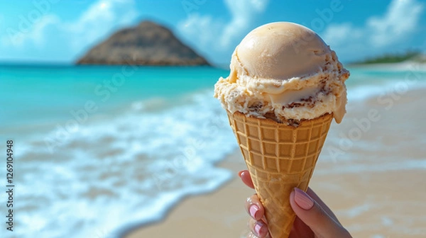 Fototapeta Woman enjoying ice cream cone on a beautiful beach with turquoise water and waves gently lapping the shore