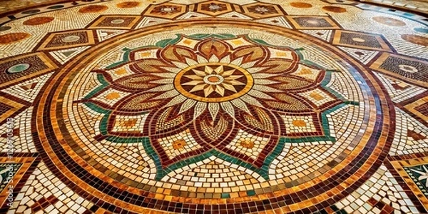 Obraz Panoramic Portuguese Tile Mosaic: Intricate Brown Tesserae Pattern with Geometric Designs
