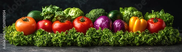 Fototapeta Fresh vegetables arranged beautifully on dark background, showcasing vibrant colors and textures.