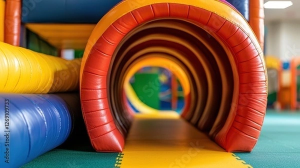 Fototapeta A Colorful Rainbow Playground Room for Kid Concept, Cheerful Indoor Playground with Colorful Rainbow Tunnels for Kids to Explore and Have Fun