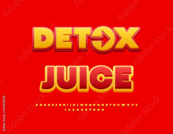 Fototapeta Vector Creative label Detox Juice with Decorative Arrow. Yellow and Red Cute Font. Decorative Alphabet Letters and Numbers set.
