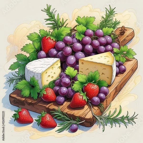 Fototapeta An illustration of a succulent fruit and cheese platter, complete with grapes, strawberries, and a wedge of brie, arranged elegantly on a rustic wooden cutting board, surrounded by lush greenery.