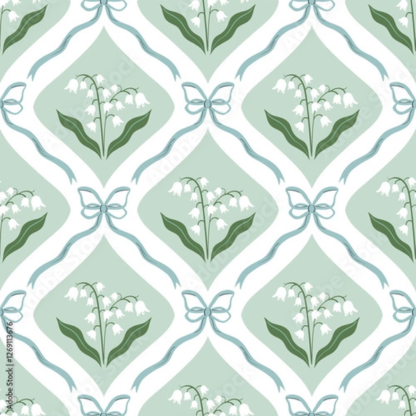 Fototapeta Lily of valley seamless pattern, Victorian floral wallpaper, charming spring and summer background 
