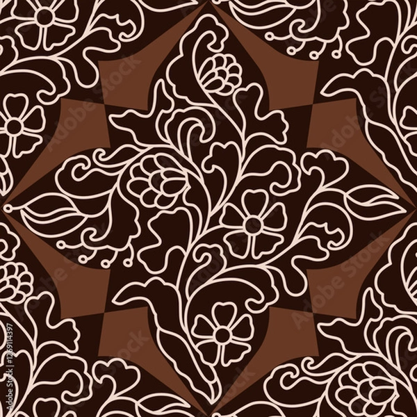 Fototapeta floral pattern art nouveau brown color outline style for textile printing ,motif border