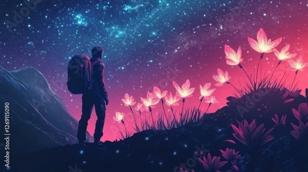 Fototapeta A solitary hiker stands on a vibrant hillside adorned with glowing flowers, gazing at a starry sky filled with cosmic colors, creating a serene and magical atmosphere