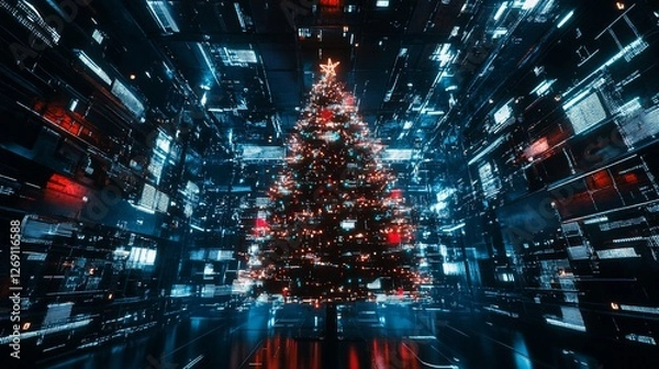 Fototapeta Futuristic Christmas tree in digital space.