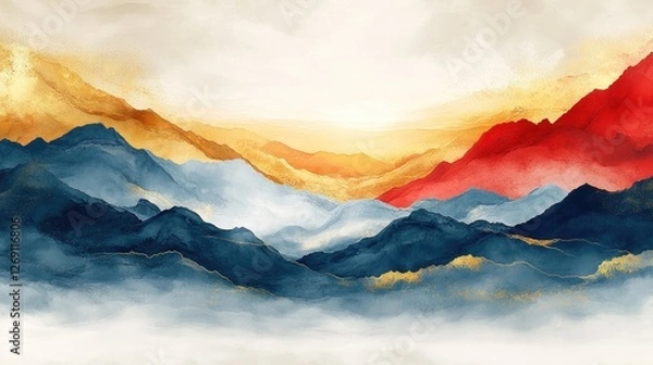 Fototapeta Majestic mountain landscape at sunset with vibrant colors and soft clouds creating a serene atmosphere