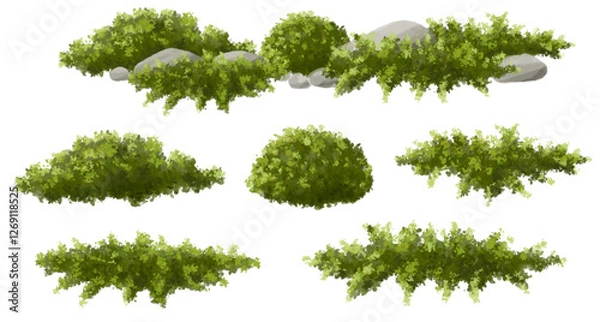 Fototapeta green grass,moss and fern garden, Vertor set of green tree,plants side view for landscape elevations,element for backdrop,eco environment concept design,watercolor greenery scene,shrub