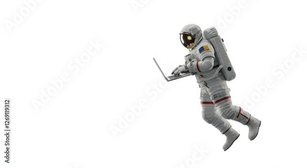 Fototapeta An astronaut is busy using a laptop, with a clean and empty background.