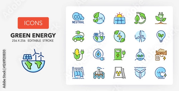 Fototapeta Line icons about Green energy and ecology concepts. Contains such icons as solar panel, geothermal and wind energy and more. 256x256 Pixel Perfect editable in colors