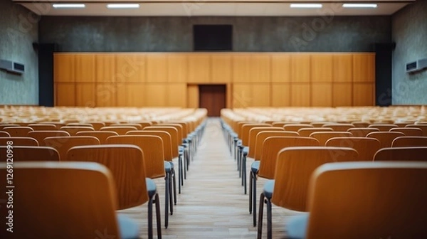Fototapeta empty auditorium rows of wooden chairs