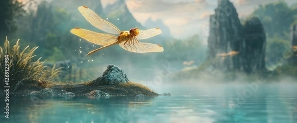 Fototapeta A shimmering golden dragonfly hovering over a mystical lake