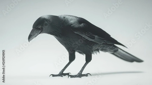 Fototapeta A sleek black raven standing on both feet, head slightly tilted against a white background