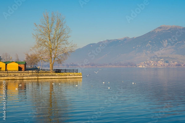 Fototapeta Calm and reflective waters. A flock of birds is flying over the lake, adding to the peaceful atmosphere.