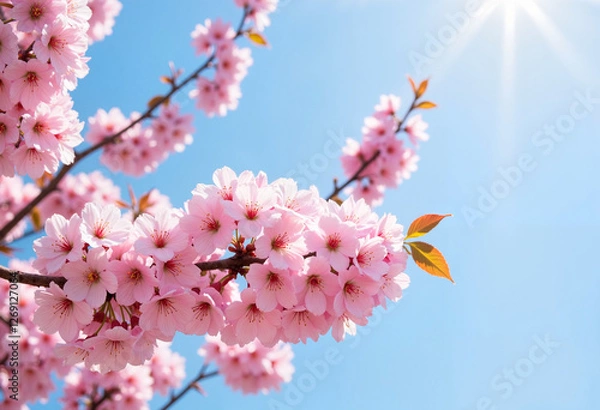 Fototapeta Sakura in full bloom on a sunny spring day with soft pink petals and a clear blue sky