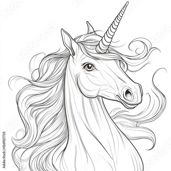 Fototapeta black and white line drawing of a unicorn. The unicorn has a long mane and tail that is flowing in the wind. It has a pointed horn on its head and a small body with a round face
