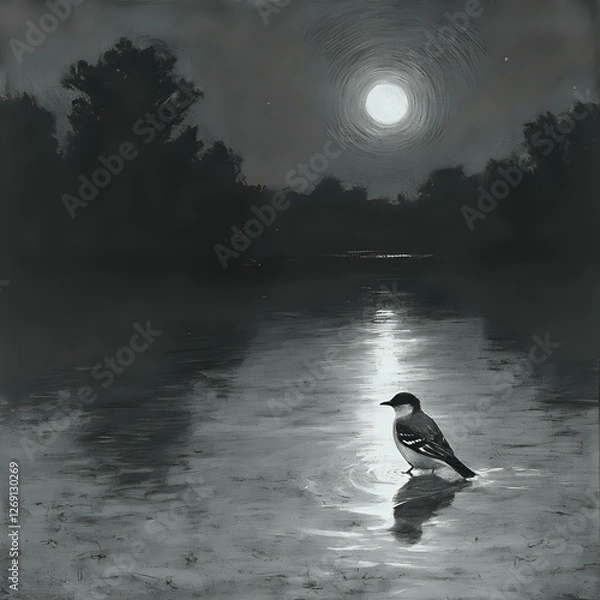 Obraz A lone bird stands on the water's edge, its reflection mirrored in the still surface, under the glow of a full moon.